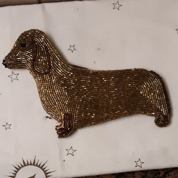 Vintage Gold Light Brown Hand Beaded Dachshund Dog Coin Purse Wallet Rare Unused - Picture 2 of 13